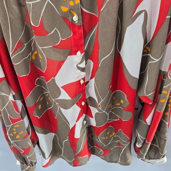 Vintage 70s Campus Casuals of California Brown Red White Sheer Long Sleeve - Picture 5 of 7